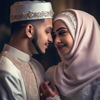 porträtt av muslim bröllop par bär traditionell klädsel, generativ ai. foto