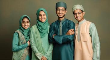 Lycklig muslim familj karaktär bär traditionell klädsel under eid firande, generativ ai. foto