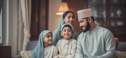 realistisk porträtt av Lycklig muslim familj bär traditionell klädsel under eid firande, generativ ai. foto