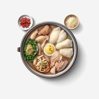 Samgyetang koreanska mat, en tjock, klibbig soppa med en hela fylld kyckling flytande i dess kokande djup. ai genererad foto