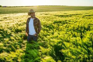 jordbrukare är odla korn. han är nöjd eftersom av Bra säsong. foto