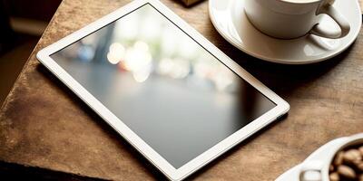 digital läsplatta, skärm falsk upp med kaffe koppar på trä- tabell. generativ ai foto