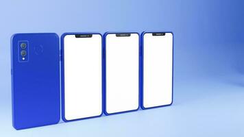 3d framställa av tom mång skärm smartphone attrapp med dubbelsidig på ljus blå bakgrund. foto