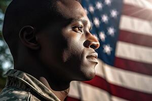 amerikan soldat porträtt, oss flagga bakgrund. generativ ai foto