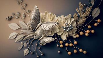 topp se 3d tapet, pärla Färg smycke blommor med silver- Färg grenar med färgrik fjärilar otroligt detaljerad. ai-genererad, digital illustration. foto