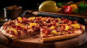 nyligen bakad utsökt pizza tillverkad av ananas och bacon på trä- skärande styrelse för snabb mat redo till äta begrepp. mat fotografi, generativ ai. foto