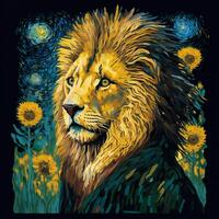 porträtt av en lejon i en fält av solrosor. invecklad generativ ai illustration parodierande de konstnärlig stil av vincent skåpbil gogh. foto