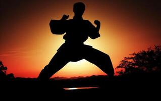 karate silhuett på solnedgång generativ ai foto