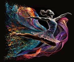 balett dansare stänk färgrik illustration, svart bakgrund med kopia Plats. generativ ai foto