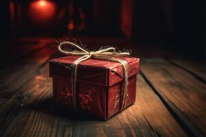 årgång röd gåva låda med rosett på trä- bakgrund, mors dag eller fars dag eller järnek dag generativ ai foto