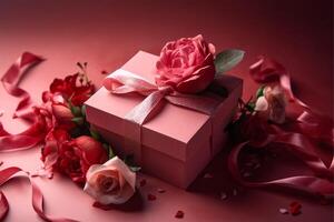 rosa gåva låda tidvatten med röd band och reste sig blommor på rosa bakgrund, mors dag eller fars dag eller järnek dag generativ ai foto