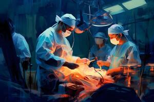 grupp av kirurger på arbete i ett rörelse rum i konst stil. generativ ai illustration. foto