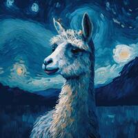 en målning av en lama med de starry natt himmel Bakom Det. generativ ai illustration den där parodier skåpbil goghs konstnärlig stil. foto