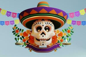 3d tolkning för dag av de död, dia de muertos altare begrepp. sammansättning av söt socker skallar, vit ljus, ringblomma blommor, panorera de muerto, kaktus, gitarr av de död. 3d illustration foto