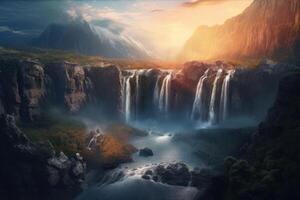ai genererad valhalla paradis bergen vattenfall fotografisk bakgrund foto
