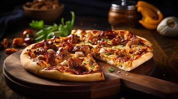 nyligen bakad grillad fläsk pizza på trä- skärande styrelse för snabb mat begrepp. mat fotografi. mall eller baner för restaurang. generativ ai. foto