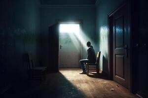 ai genererad fotorealistisk bilder från en mental institution en figur mörk bakgrund foto