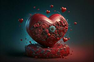 3d framställa av röd hjärta form dekorerad med blommig på podium. hjärtans dag begrepp. foto