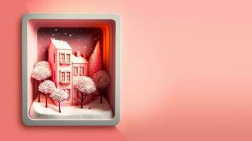 3d framställa av dekorativ vinter- diorama fyrkant ram med bostads- strukturera, träd, snö faller. foto