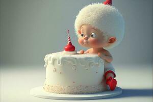 3d framställa, bebis födelsedag kaka med leksak på glansig ljus grå bakgrund. foto