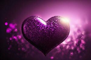 3d framställa av skinande lila glittrande hjärta form på bokeh belysning bakgrund. kärlek begrepp. foto