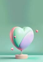 3d framställa, pastell Färg glansig hjärta form stå med podium, ballonger. foto