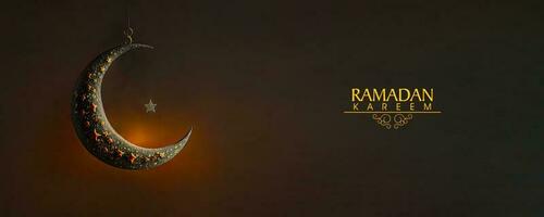 ramadan kareem baner design med 3d framställa av hängande halvmåne måne och stjärna på mörk bakgrund. foto