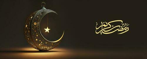 arabicum kalligrafi av ramadan kareem med 3d framställa, utsökt halvmåne måne och hängande skinande stjärna på svart bakgrund. baner eller rubrik design. foto