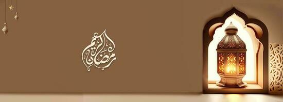 arabicum kalligrafi av ramadan kareem, upplyst arabicum lampa på islamic fönster. 3d framställa. foto