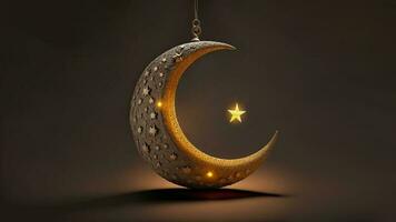 3d framställa av hängande utsökt skinande ristade måne med stjärna på mörk bakgrund. islamic religiös begrepp. foto