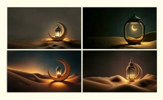 samling av utsökt halvmåne måne med upplyst arabicum lampor på sand dyn. 3d framställa. foto