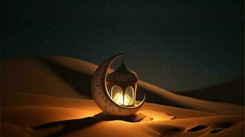 3d framställa av gyllene halvmåne måne med upplyst arabicum lykta på sand dyn. islamic religiös begrepp. foto