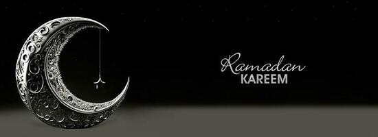 ramadan kareem baner design med silver- glittrande text, 3d framställa av utsökt halvmåne måne och hängande stjärna på svart bakgrund. foto