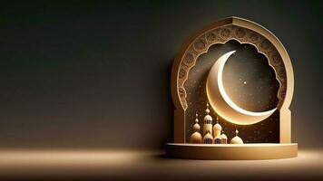 3d illustration av halvmåne måne med moské på islamic podium eller skede. islamic religiös begrepp. foto