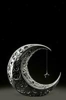 3d framställa av silver- utsökt halvmåne måne med hängande stjärna på svart bakgrund. islamic religiös begrepp. foto