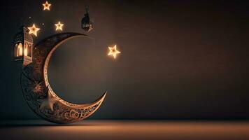 3d framställa av utsökt halvmåne måne med hängande upplyst arabicum lyktor, skinande stjärnor dekorerad bakgrund. islamic religiös begrepp. foto