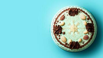 topp se av realistisk kaka med skön glasyr blå bakgrund. 3d framställa. foto