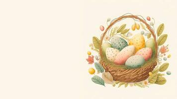 platt stil färgrik påsk ägg på blommig korg mot kosmisk latte bakgrund och kopia Plats bakgrund. foto