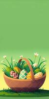illustration av färgrik blommig påsk ägg korg på gräs mot gul och grön bakgrund. Lycklig påsk dag begrepp. foto