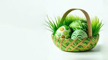 3d framställa av grön tryckt ägg inuti gräs korg och kopia Plats. Lycklig påsk dag begrepp. foto
