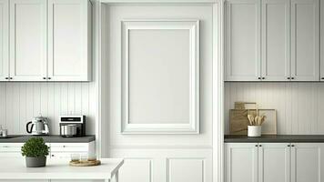 3d sammansättning av minimalistisk kök interiör och tom ram attrapp på vägg paneler. foto