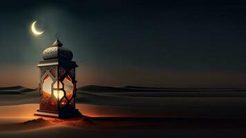 3d framställa av upplyst arabicum lampa på sand dyn och realistisk halvmåne måne. islamic religiös begrepp. foto
