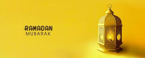 ramadan mubarak baner design med 3d framställa, gyllene upplyst arabicum lampa på gul bakgrund. foto