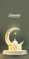 ramadan mubarak vertikal baner design, 3d framställa av skön moské med halvmåne måne, stjärna på pastell oliv grön bakgrund. foto