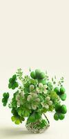 3d framställa av skön klöver växt pott i vit och grön Färg. st. Patricks dag begrepp. foto