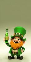 3d framställa av glad pyssling man karaktär innehav alkohol flaska på pastell grön bakgrund. st. Patricks dag begrepp. foto