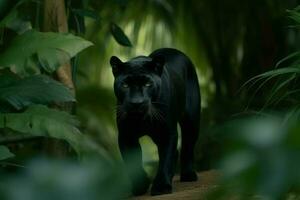 svart panter tropisk skog promenad. generera ai foto