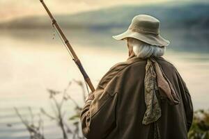 fiskare gammal kvinna fiske stång. generera ai foto