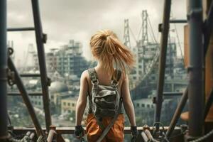 industriell klättrare barn flicka skyskrapa. generera ai foto