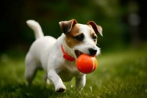 domkraft russel spela hund boll. generera ai foto